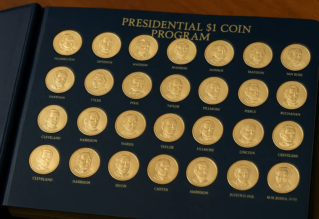 James Madison Dollar Value: The Father of the Constitution in Your Wallet A neatly organized coin album showing a collection of Presidential $1 Coins in a navy blue binder with gold lettering, arranged in rows by president with each golden coin set in a labeled slot.