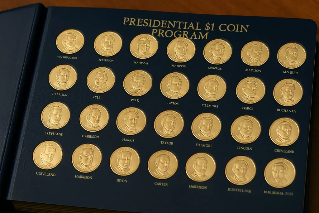 A neatly organized coin album showing a collection of Presidential $1 Coins in a navy blue binder with gold lettering, arranged in rows by president with each golden coin set in a labeled slot.