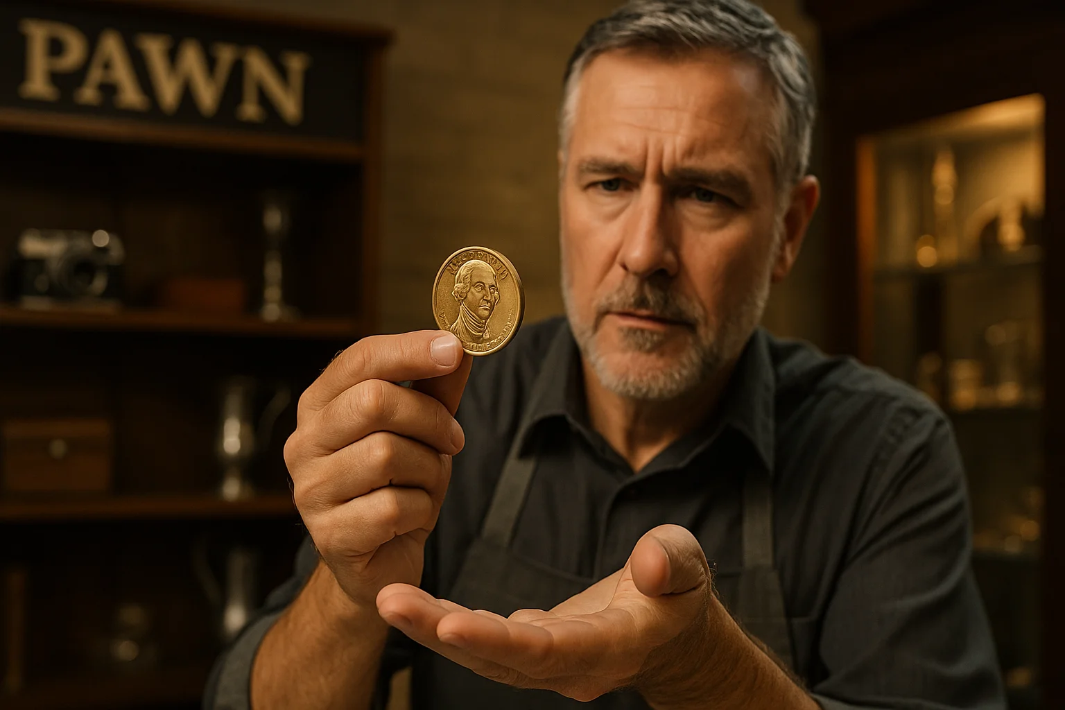 A middle-aged male pawnbroker holds up a James Madison Presidential $1 coin inside a warm-lit pawn shop, inspecting its details against a blurred backdrop of vintage items and shelving.