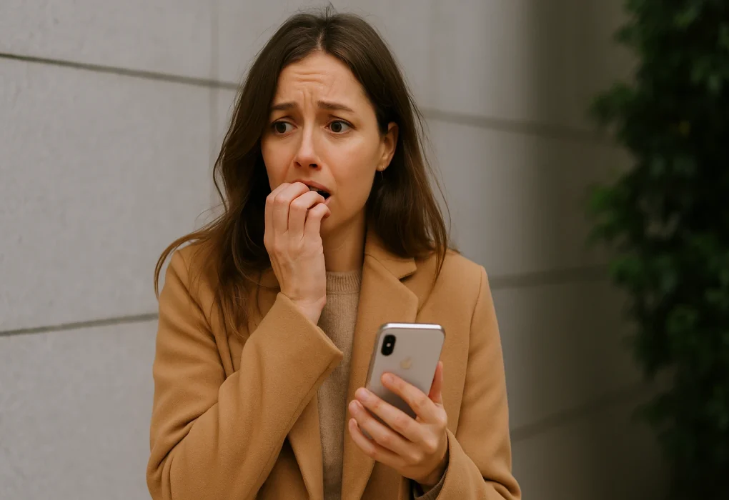 A woman is worried, holds a smartphone in her hand.