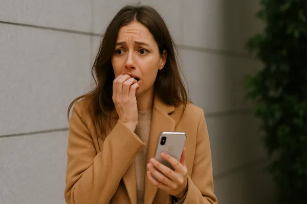 A woman is worried, holds a smartphone in her hand.