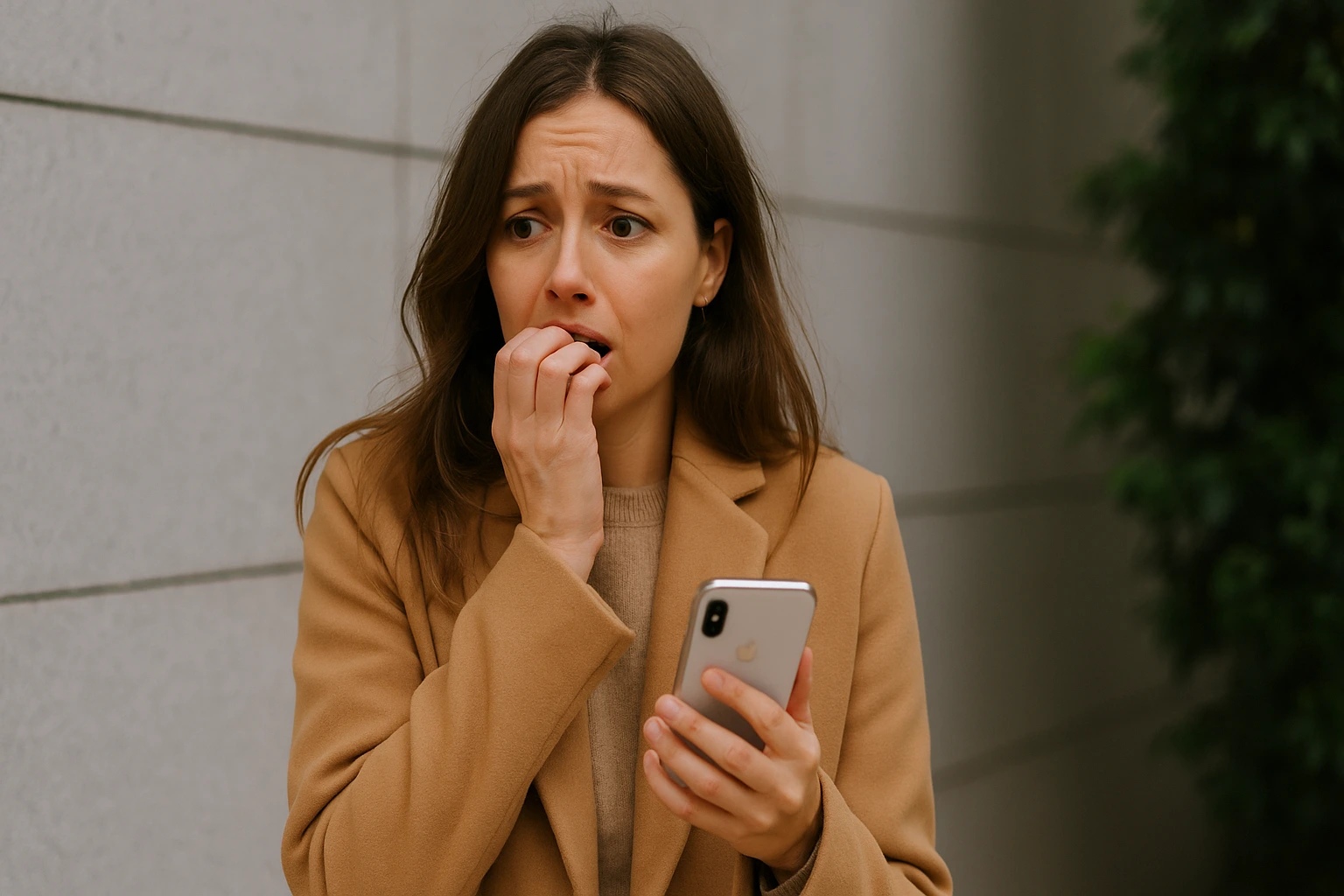 A woman is worried, holds a smartphone in her hand.