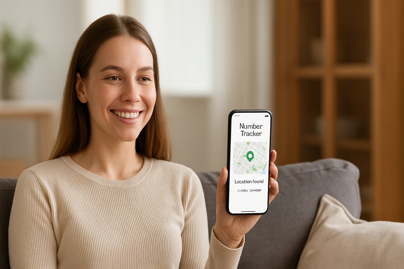 A woman tracks her phone via Number Tracker, looks calm and happy.