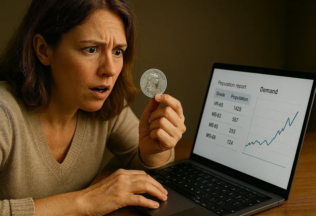 A collector examines a silver coin while reviewing population data on her laptop, realizing that high prices can be misleading when rarity is misunderstood without survival and demand analysis.