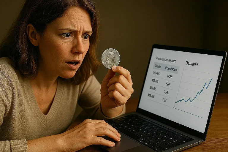 A collector examines a silver coin while reviewing population data on her laptop, realizing that high prices can be misleading when rarity is misunderstood without survival and demand analysis.