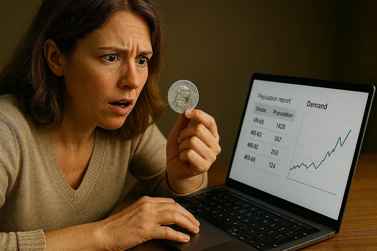 A collector examines a silver coin while reviewing population data on her laptop, realizing that high prices can be misleading when rarity is misunderstood without survival and demand analysis.
