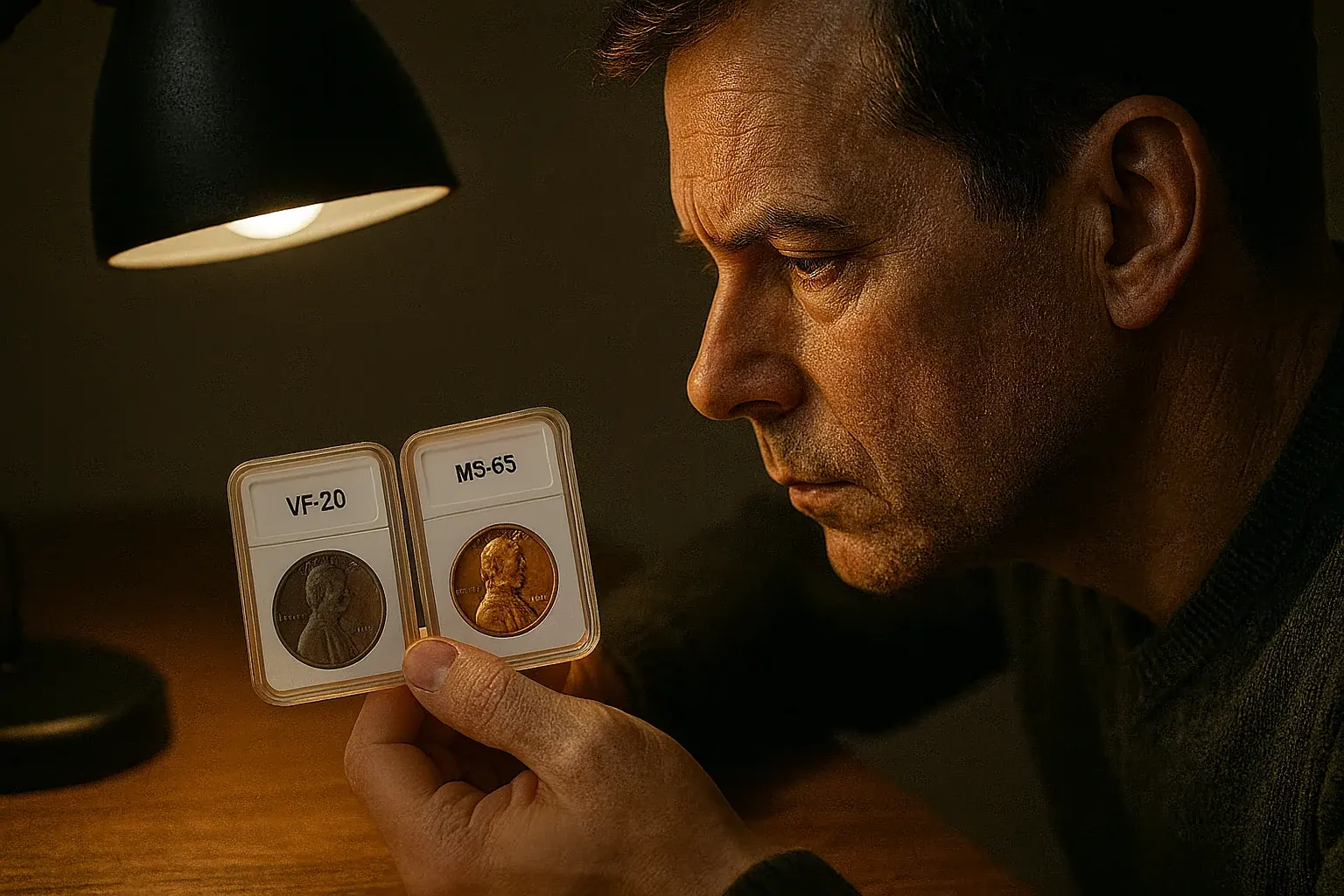 A collector studies two encapsulated coins under angled lamp light, comparing a worn VF-20 example with a bright MS-65 survivor to understand how true rarity forms in high grades rather than in mintage numbers.