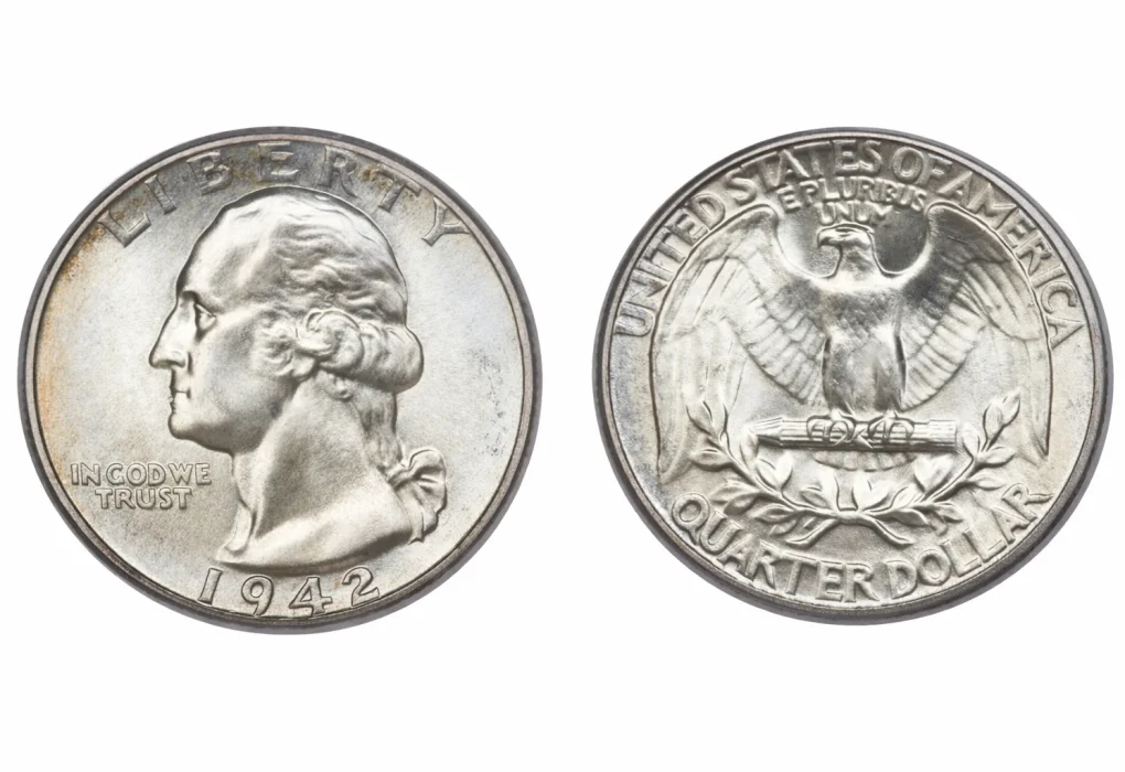 1942 Philadelphia Washington quarter no mint mark, obverse and reverse.