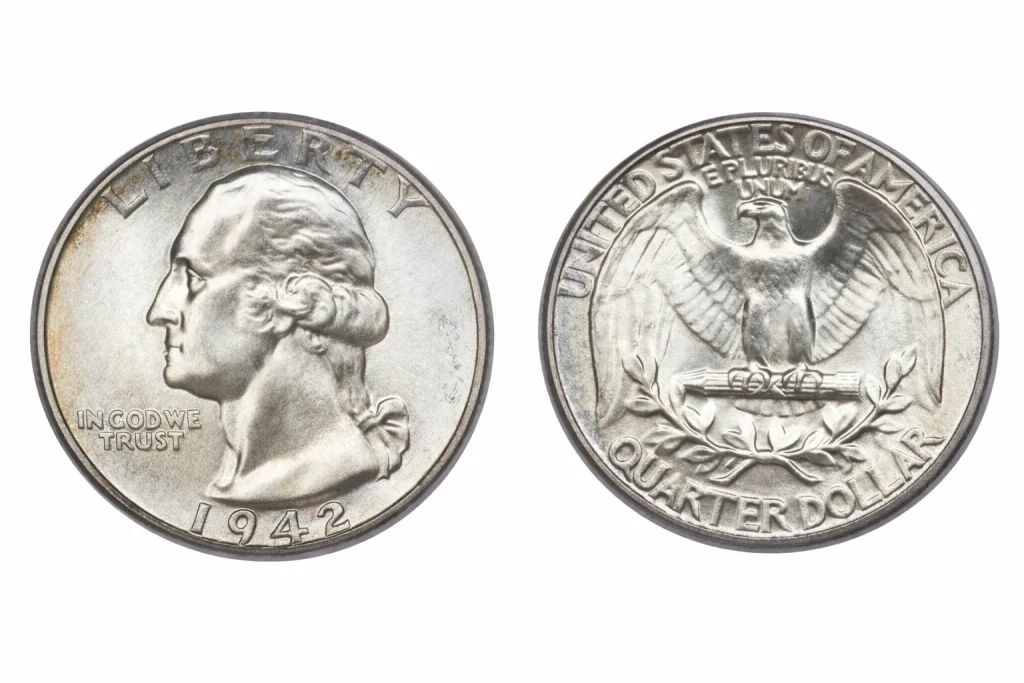 1942 Philadelphia Washington quarter no mint mark, obverse and reverse.